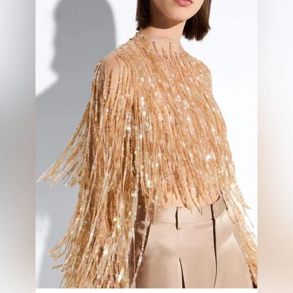 Elegant Gold Sequin Crop Top - Picture 2 of 13